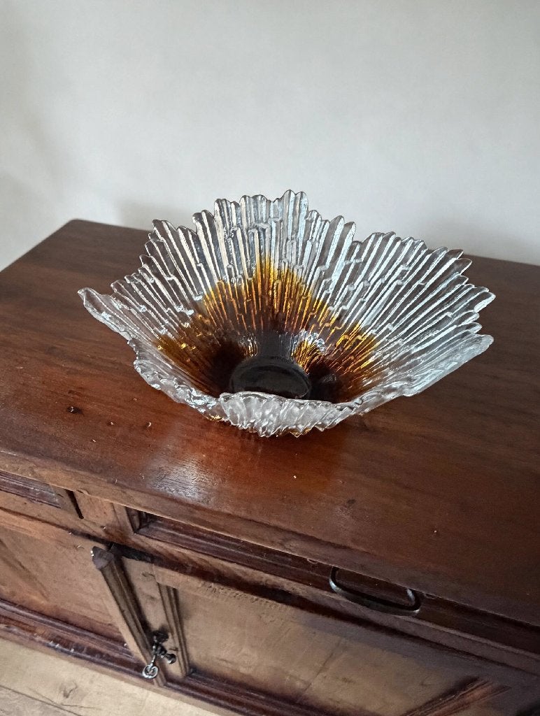 Vintage persglazen sierschaal – helder glas met amber, Ophalen