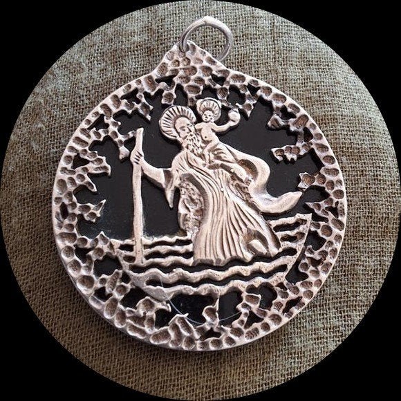 Zilveren Hanger St. Christoffel met Jezuskind op Onyx, Gebruikt, Overige voorstellingen, Ophalen of Verzenden, Met edelsteen