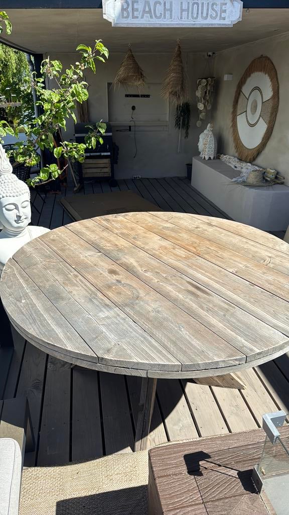Ronde eettafel, Tuin en Terras, Tuintafels, Ophalen, Gebruikt, Rond, Hout