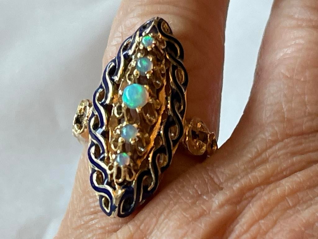 Bijzondere 14K Gouden Ring met Opaal en Emaille - Maat 16, Verzenden, Met edelsteen, Dame, Goud