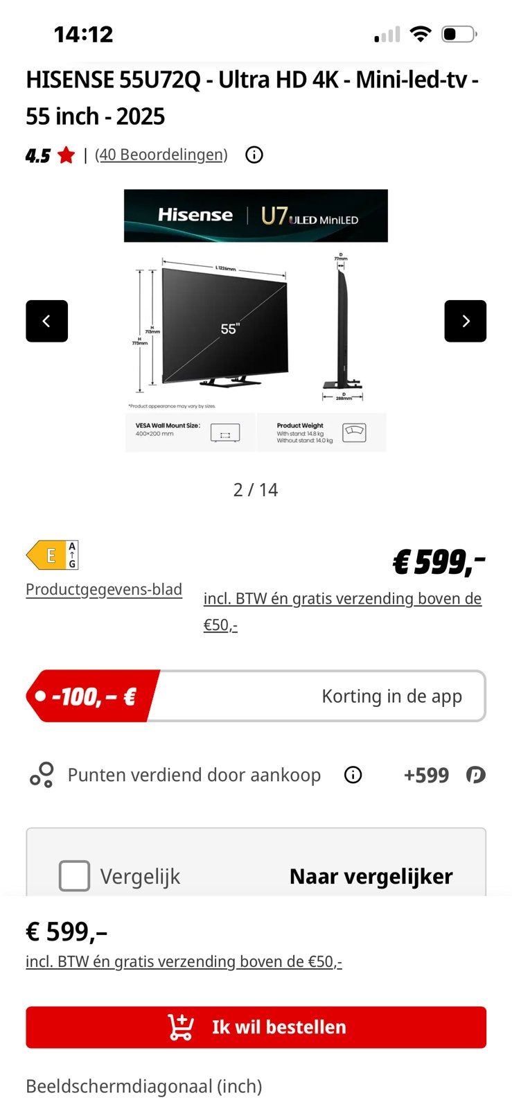 Hisense 55 inch, Overige merken, 50 Hz, Ophalen of Verzenden, Zo goed als nieuw