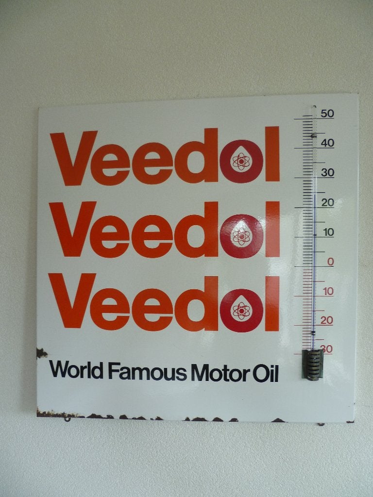 EMAILLE RECLAMETHERMOMETER"VEEDOL MOTOR OIL"UIT JAREN 50/60, Ophalen of Verzenden, Gebruikt, Reclamebord