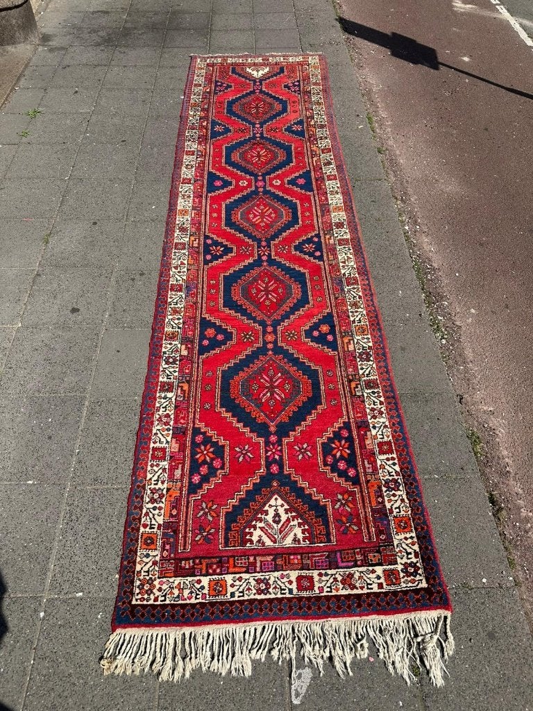 Prachtige Meshkin loper 435x112cm contrast van rood en blauw, Gebruikt, 100 tot 150 cm, Blauw, Wol