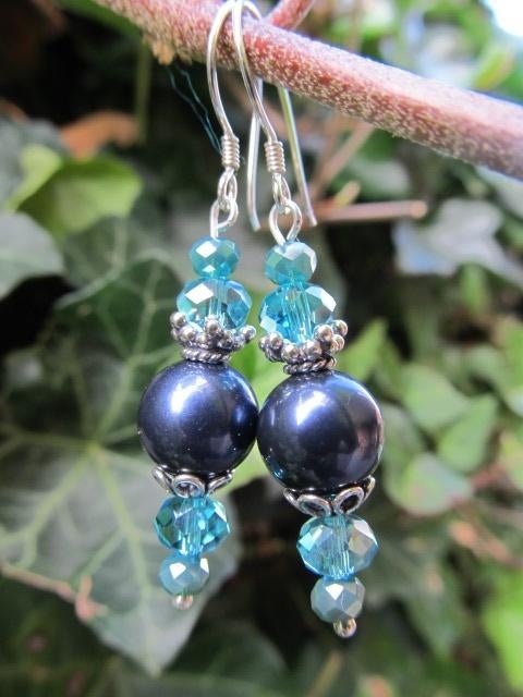 Oorbellen Hasna swarovski parel-kristalglas facet zilver, Hangers, Blauw, Nieuw, Zilver