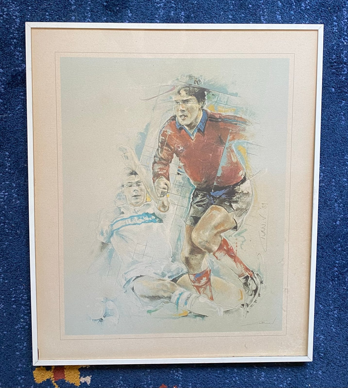 Vintage voetbalprint in lijst - gesigneerd '81, Huis en Inrichting, Ophalen, 50 – 75, Gebruikt, Oorspronkelijke maker