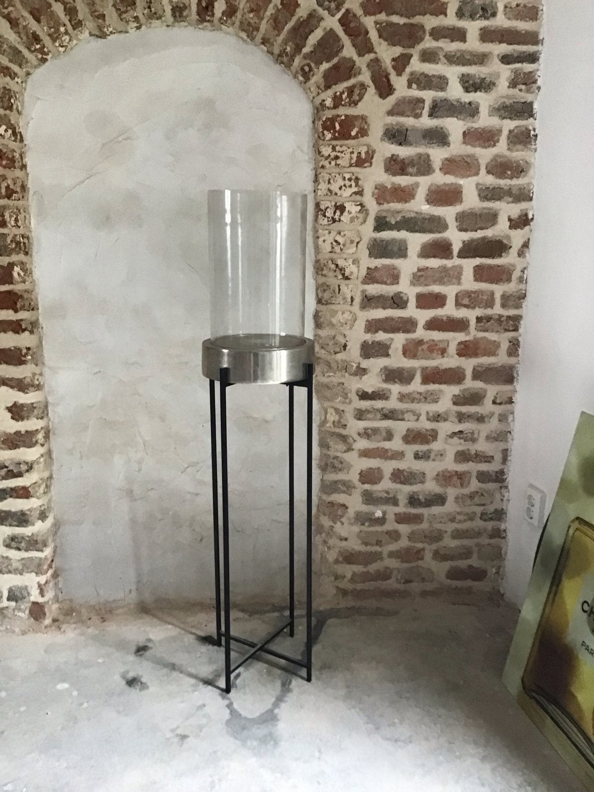 Stijlvolle windlicht op standaard - Zwart/Zilver/Glas, Huis en Inrichting, Windlicht, Zwart, Ophalen of Verzenden, Zo goed als nieuw