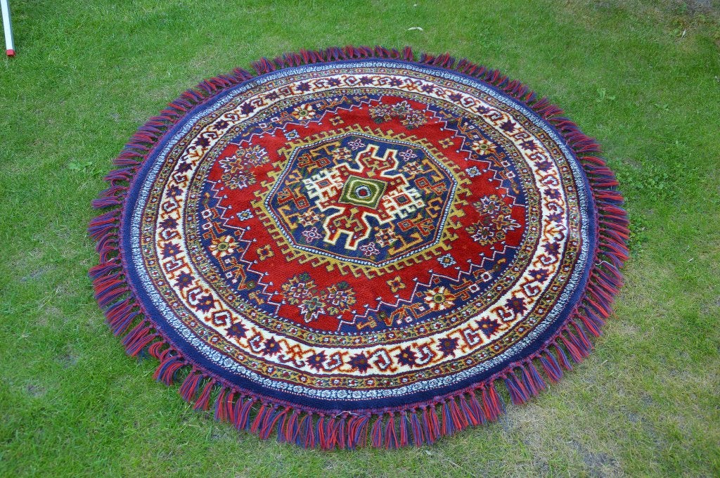 vintage rond smyrna vloerkleed / tafelkleed met franjes Ø127, Gebruikt, Rond, Ophalen of Verzenden, Smyrna