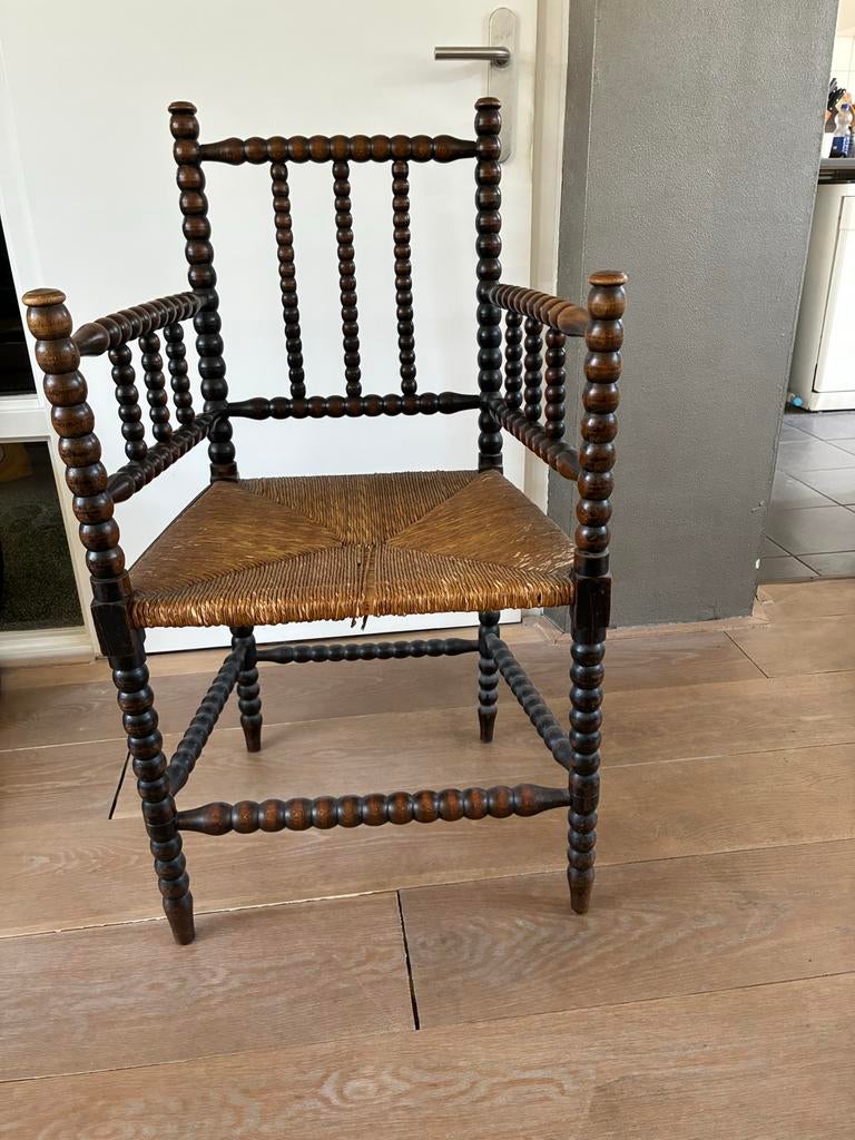 2 Antieke Bobbin eikenhouten Spijlenstoel met Rotan Zitting, Huis en Inrichting, Ophalen, Gebruikt, Twee, Bruin