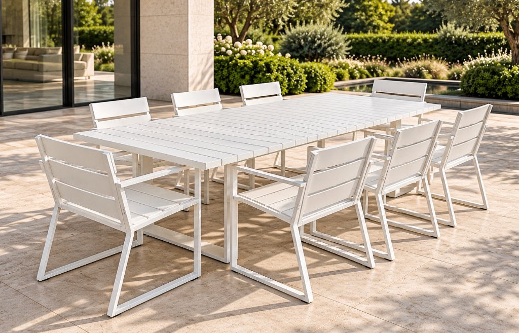 Borek Samos design tuinset – tafel 305 cm + 8 stoelen, Ophalen, Gebruikt, Aluminium, 8 zitplaatsen