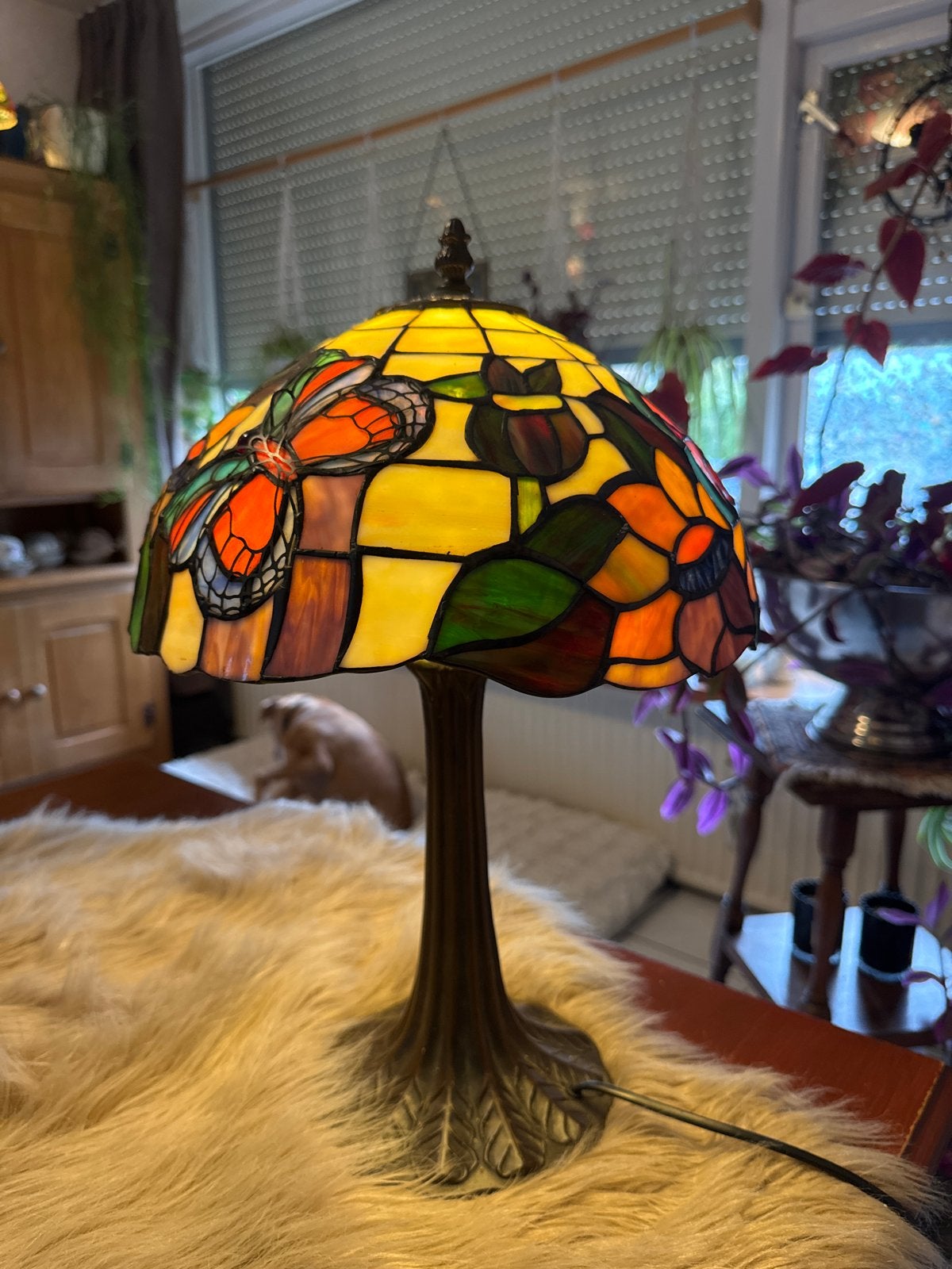 Antieke Tiffany Glas-in-lood Tafellamp met Vlinderdecor, Antiek en Kunst, Ophalen of Verzenden