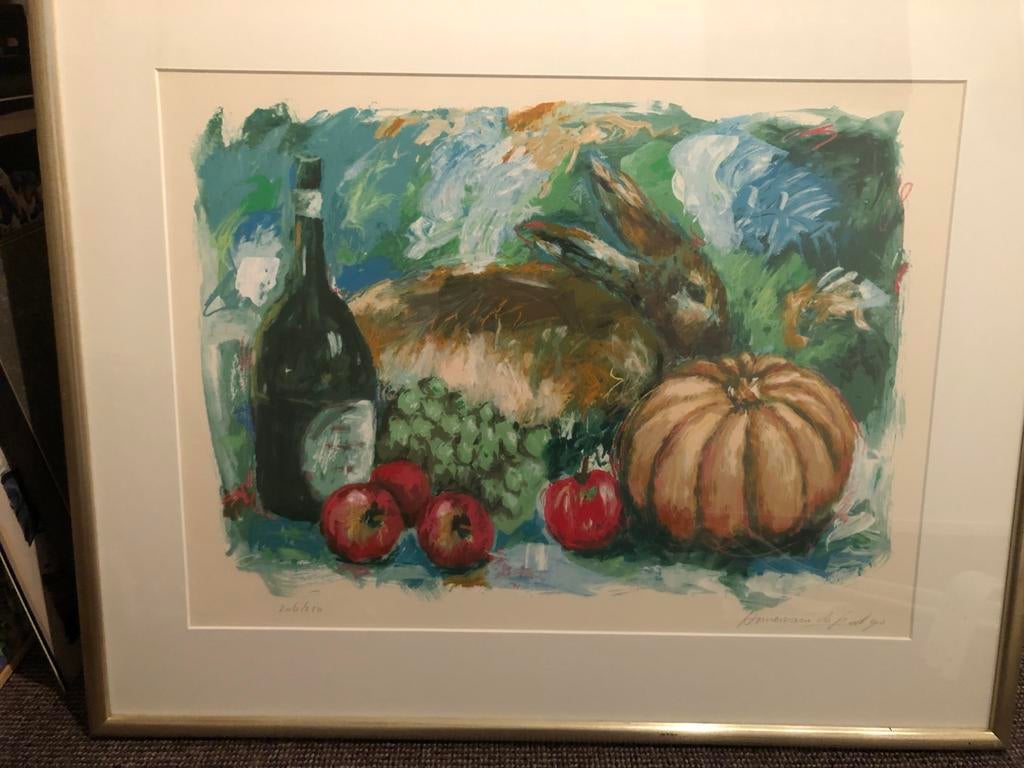 Schilderij Annemarie de Groot - Stilleven met haas en pompoe, Antiek en Kunst, Ophalen of Verzenden