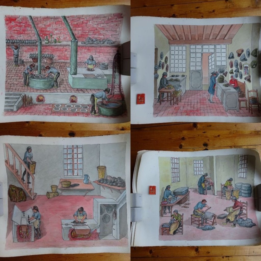 4x middeleeuwse hoedenmakerij hoedenwinkel aquarel perkament, Ophalen of Verzenden, Zo goed als nieuw, 5 – 50, 50 tot 75 cm
