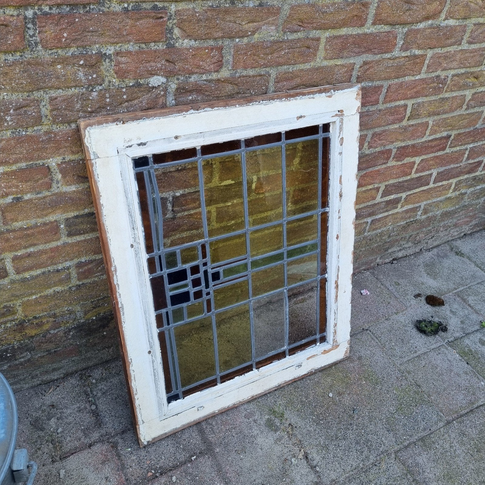 Antiek Glas in Lood Raam -blauw,Geel/Bruin Tinten, Doe-het-zelf en Verbouw, Glas en Ramen, Gevelraam of Ruit, Gebruikt, Glas in lood