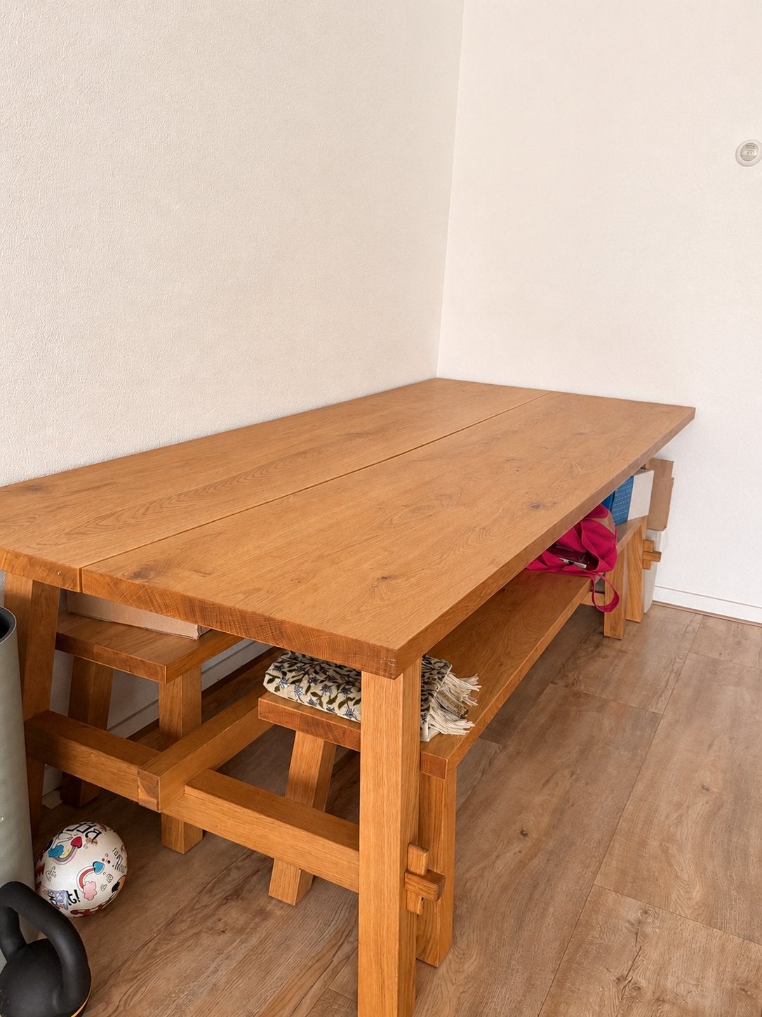 IKEA MÖCKELBY eettafel met 2 banken, eiken, Ophalen, Eikenhout, 200 cm of meer, 50 tot 100 cm