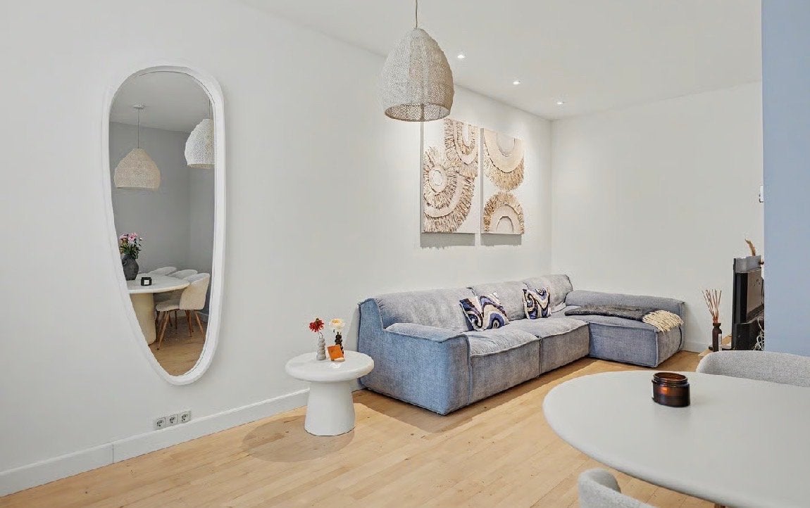Hoekbank (links) grijsblauw, Huis en Inrichting, Banken | Bankstellen, Ophalen, Gebruikt, Hoekbank, 300 cm of meer