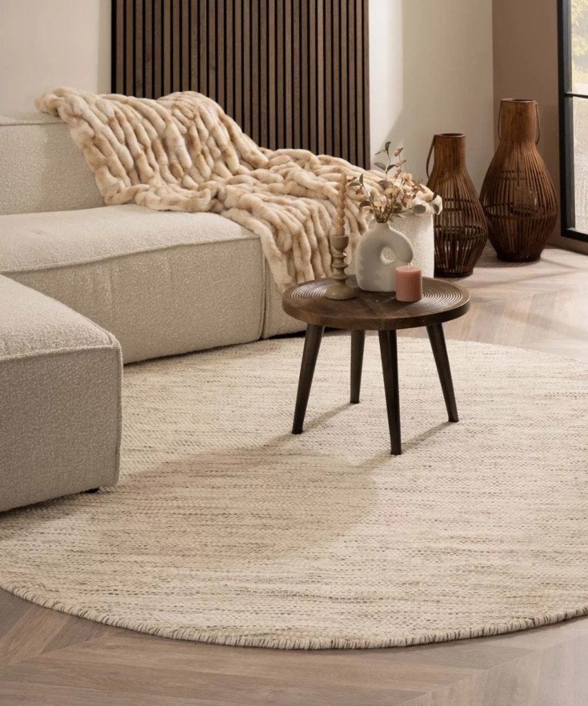 Rond wollen vloerkleed – wit/grijs 250 nieuw, Rond, Ophalen of Verzenden, 200 cm of meer, Grijs