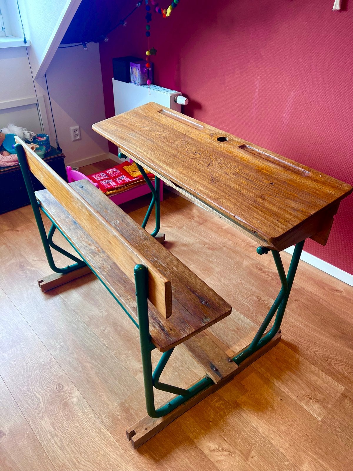Vintage frans schoolbankje met bankje (brocante - patina), Ophalen