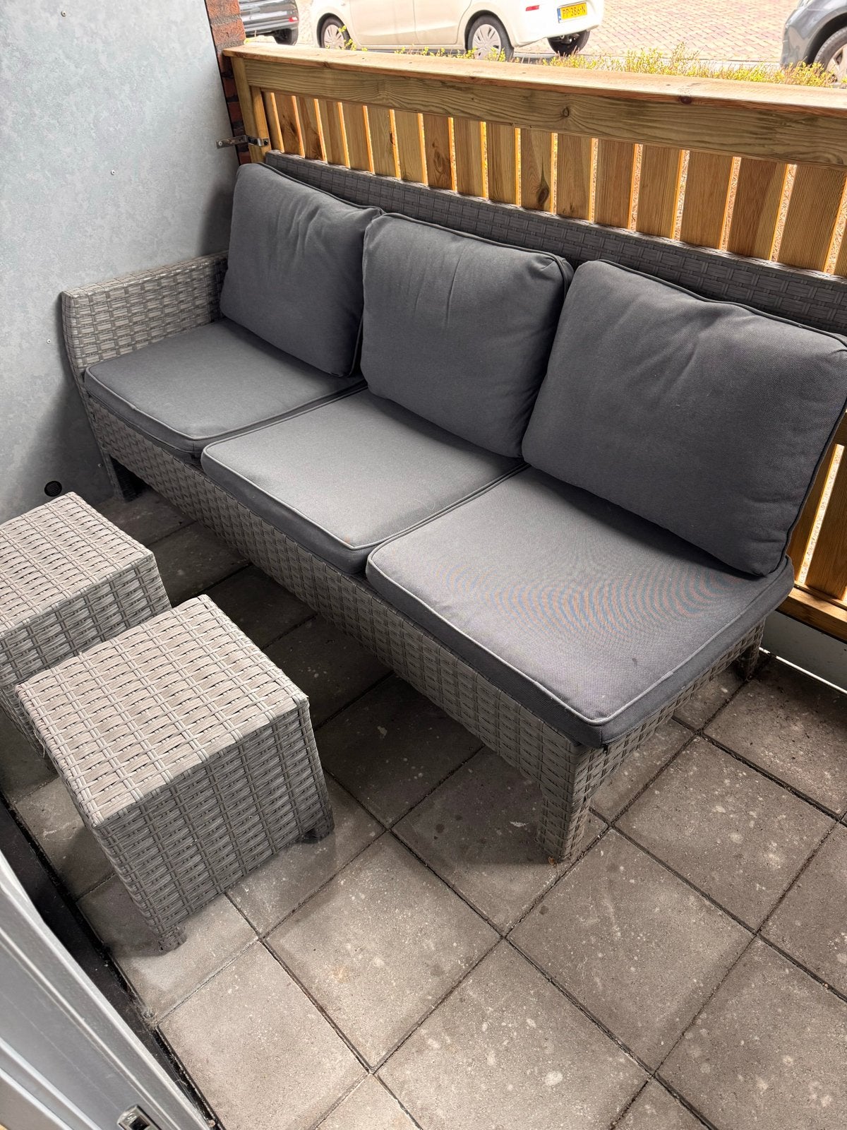 Wicker Loungebank met Kussens en Hockers, Ophalen, Gebruikt, 3 zitplaatsen, Loungeset
