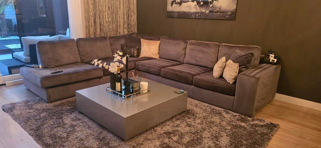 Antraciet fluwelen hoekbank in Eric Kuster stijl, Huis en Inrichting, Ophalen, Zo goed als nieuw, 150 cm of meer, Vierpersoons of meer