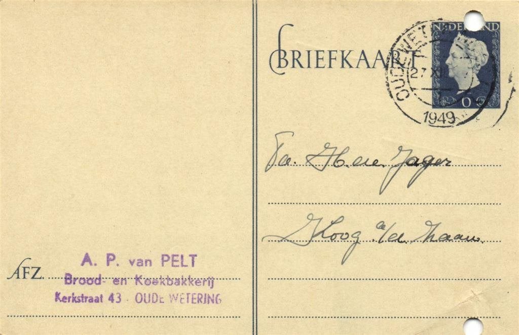 A.P. van Pelt, Oude Wetering - 12.1949 - briefkaart, Postzegels en Munten, Ophalen of Verzenden, Briefkaart