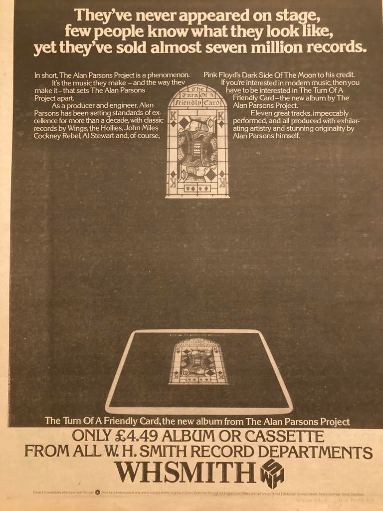 ALAN PARSONS PROJECT Turn Of A Friendly Card A3 advertentie, Ophalen of Verzenden, Zo goed als nieuw, A1 t/m A3