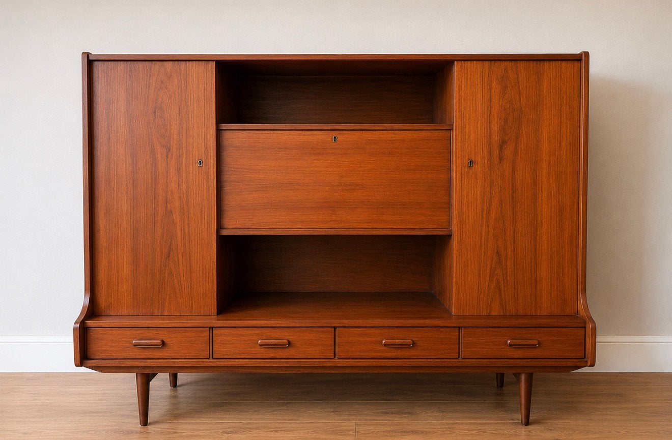 Prachtige vintage teak highboard / barkast, Vintage, Vintage, Ophalen of Verzenden, Zo goed als nieuw
