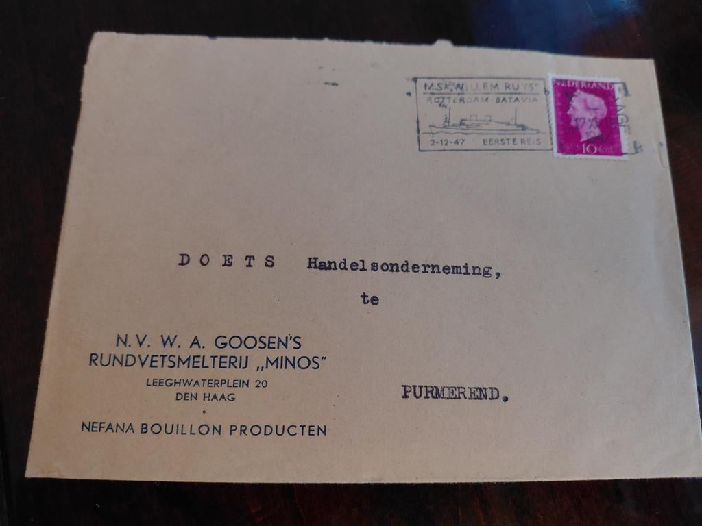 Envelop N.V. W.A. GOOSEN'S RUNDVETSMELTETIJ Stempel1e  Reis, Ophalen of Verzenden, Envelop