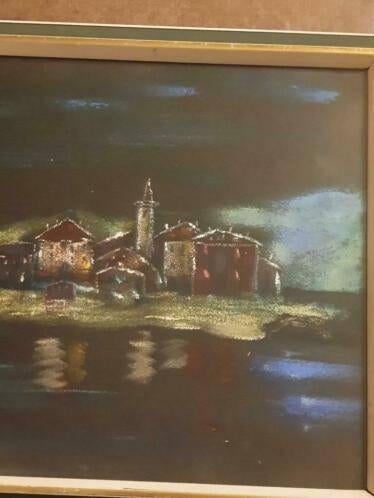 schilderij / Pastel achter glas dorpsgezicht Pierre, Antiek en Kunst, Kunst | Schilderijen | Klassiek, Ophalen