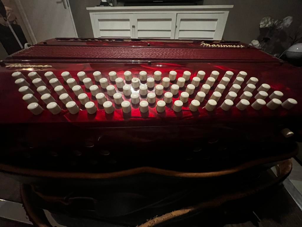 Marinucci Recanati accordeon – rood parelmoer – incl. koffer, Gebruikt, 80-bas, Met koffer, Marinucci