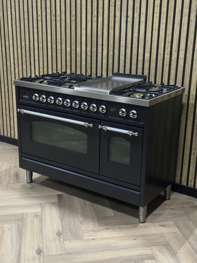 Boretti Fornuis 120cm Gas + Frytop + Multifunctionele Ovens, Warmhoudplaat, 60 cm of meer, Ophalen of Verzenden, Zo goed als nieuw