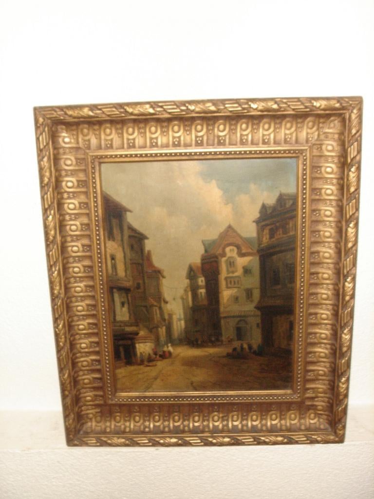 19th Century oil painting - Street view - A. Eversen., Antiek en Kunst, Kunst | Schilderijen | Klassiek, Ophalen of Verzenden