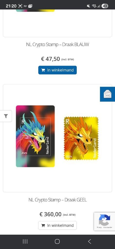 Te koop cryptostamp draak 4 kleuren, Postzegels en Munten, Ophalen of Verzenden, Overige thema's