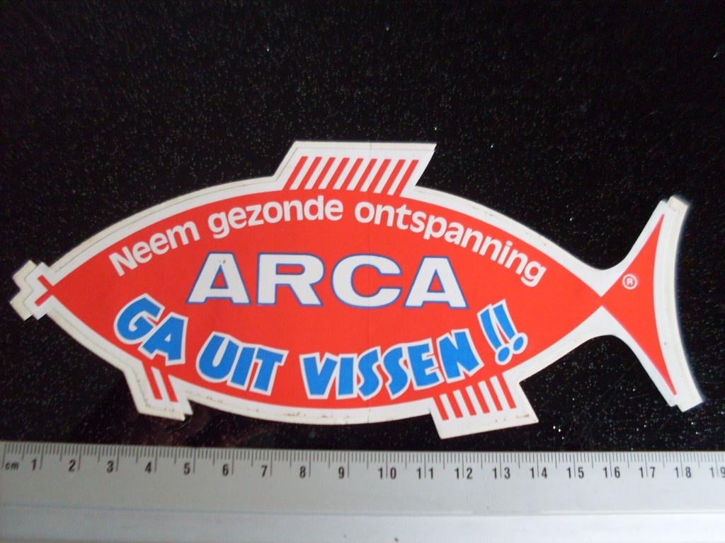 sticker arca logo ga uit vissen! hengelsport, Ophalen of Verzenden, Zo goed als nieuw, Merk