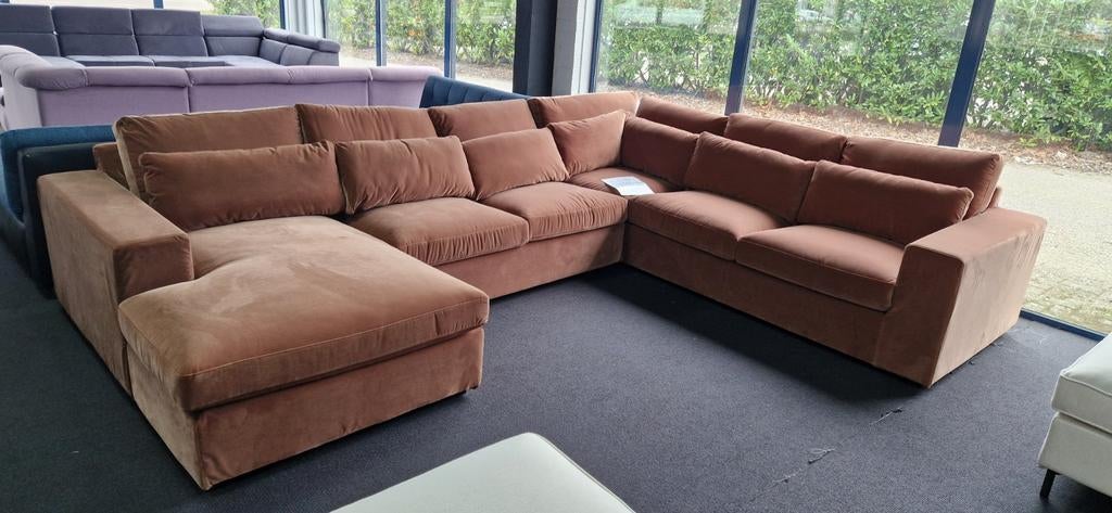 Nieuwe mega Ubank bruin velours kuster style loungebank, Hoekbank, Nieuw, 150 cm of meer, Vierpersoons of meer