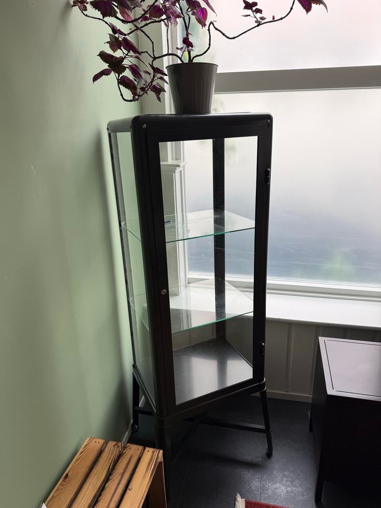 Moet weg! Ikia FABRIKÖR Vitrinekast, donkergrijs, Huis en Inrichting, Kasten | Vitrinekasten, Ophalen, Minder dan 50 cm, Gebruikt