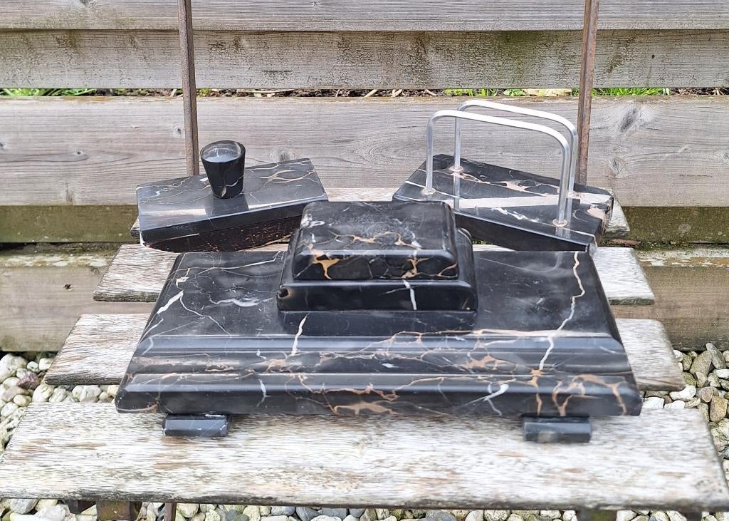 Prachtige Art deco marmeren 3 delige bureau set., Antiek en Kunst, Ophalen of Verzenden