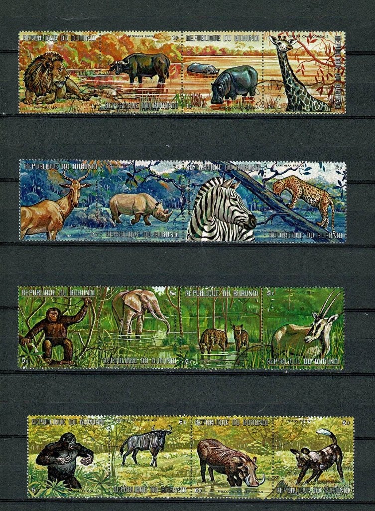 Oerwoud dieren Burundi - 4 strips, Postzegels en Munten, Verzenden, Gestempeld, Dier of Natuur