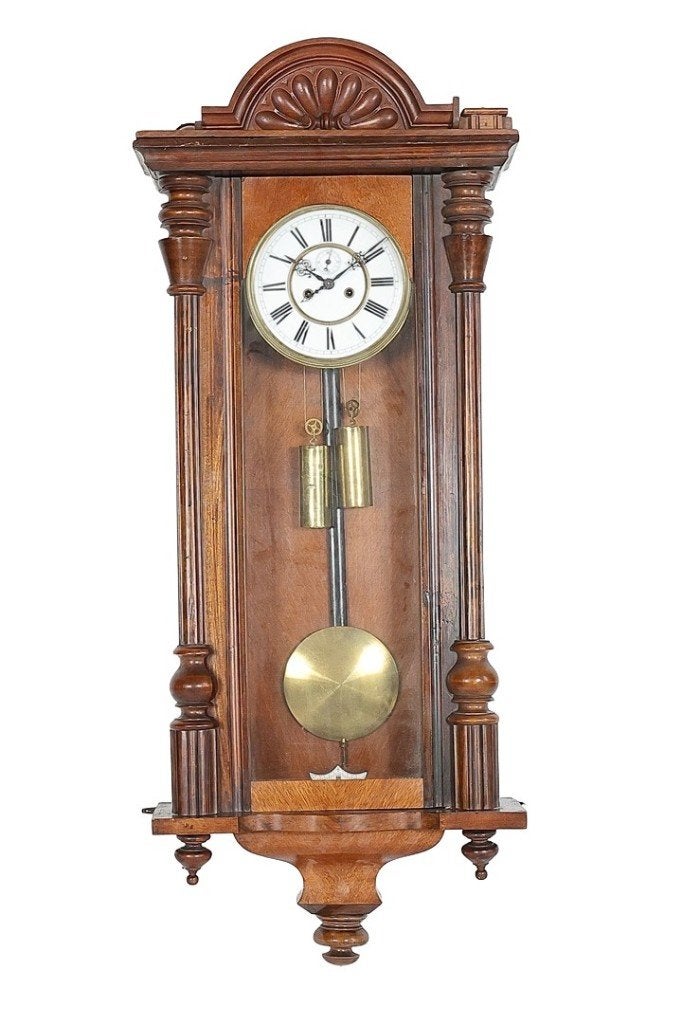 Mahonie regulateur, Jacobsschelp, slagwerk, laat 19e eeuw, Ophalen, Bruin, Analoog, Met gewichten