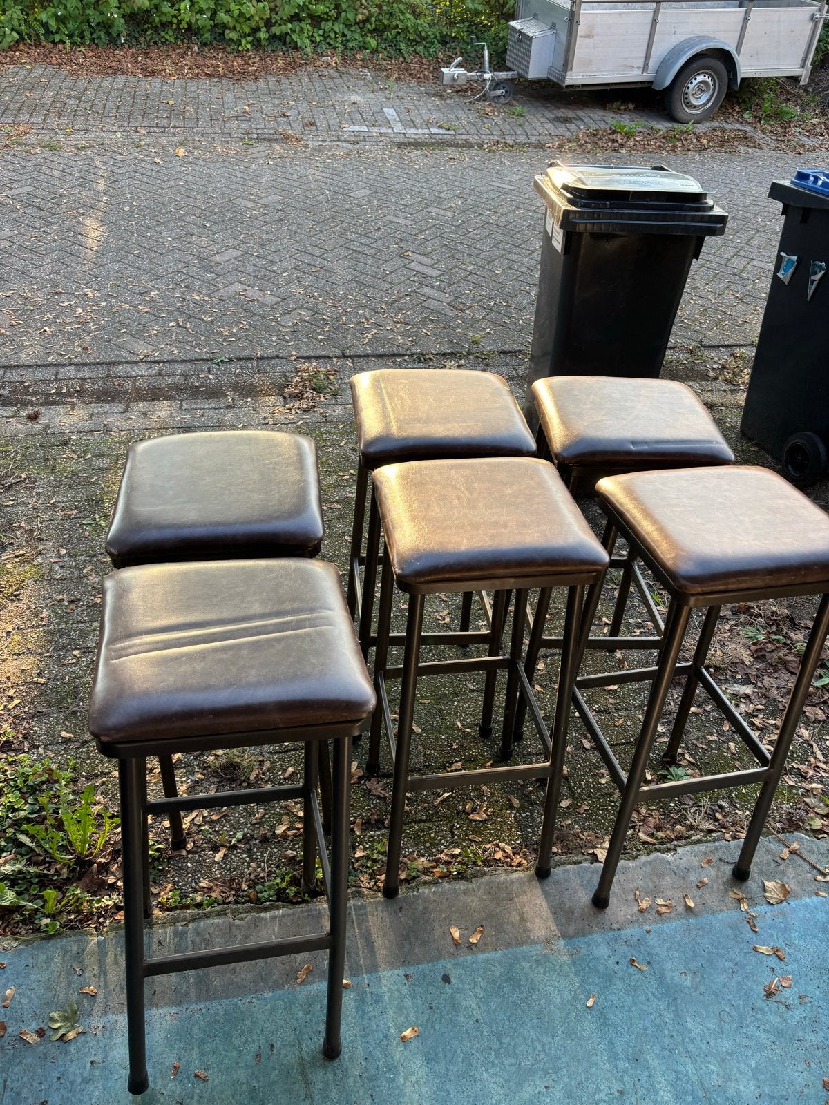 Set van 6 Stalen Barkrukken met Leren Zitting, Ophalen, Leer, 90 cm of meer, Gebruikt