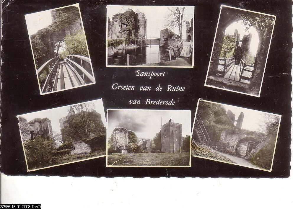 Ansichtkaart	Santpoort	Ruïne van Brederode	6-luik, Verzenden, 1940 tot 1960, Gelopen, Noord-Holland