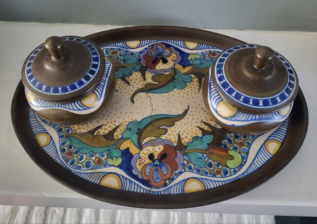 Te koop antiek inktstel van Gouda Plateel 838 Corona, Ophalen of Verzenden
