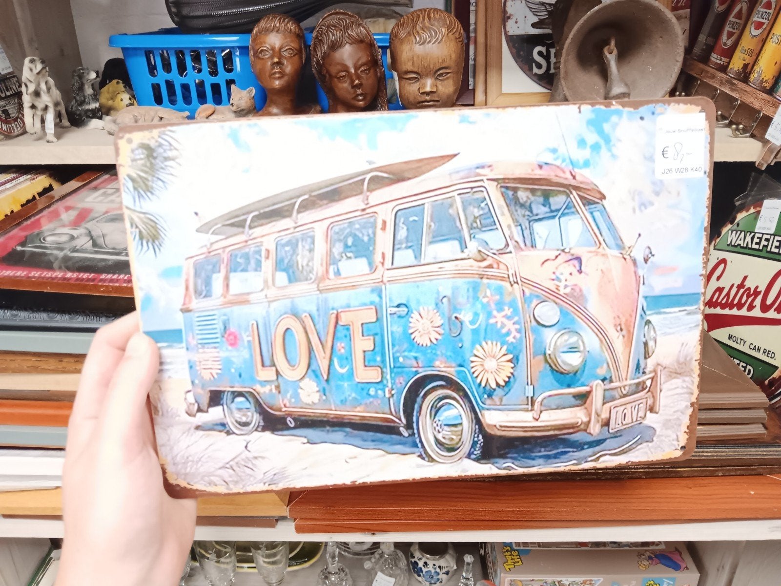 Vintage VW Bus 'Love' Metalen Plaat - Strand & Surf, Ophalen of Verzenden, Gebruikt, Auto's