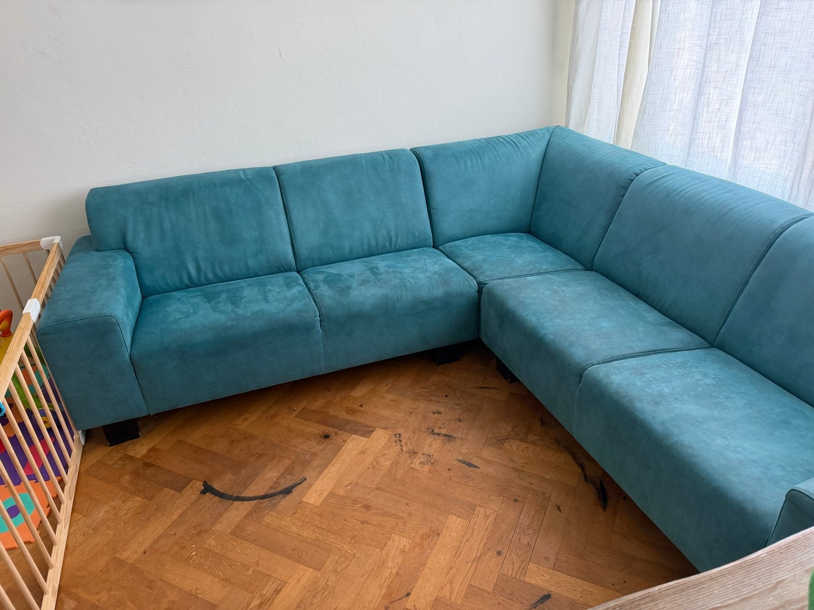 Stijlvolle Hoekbank in Blauwgroen – Comfortabel & Modern, Ophalen, Gebruikt, 100 tot 125 cm, Hoekbank