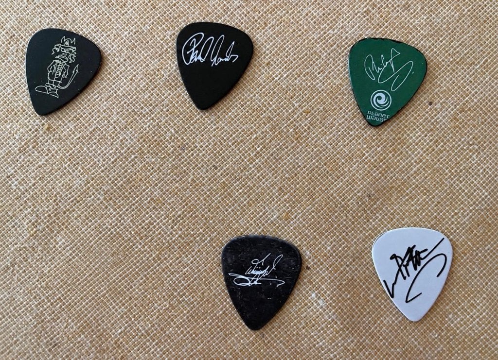 5 plectrums/picks Rock-Metal gitaristen, Ophalen of Verzenden, Gebruikt