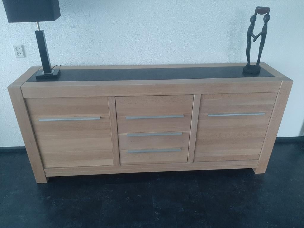 Complete set, eettafel, salontafel, dressoir en tv kast, Ophalen, Gebruikt, Eikenhout, Met Belgisch hardhout