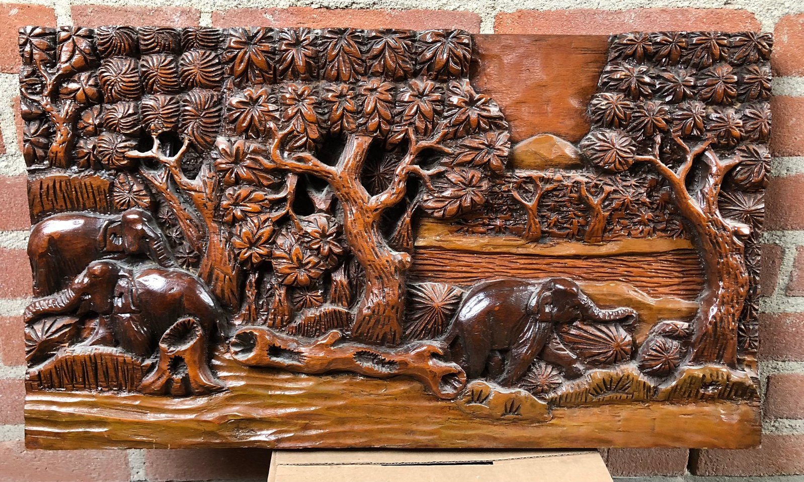 Houten Indonesië wanddecoratie Olifanten Jungle tafereel, Ophalen of Verzenden