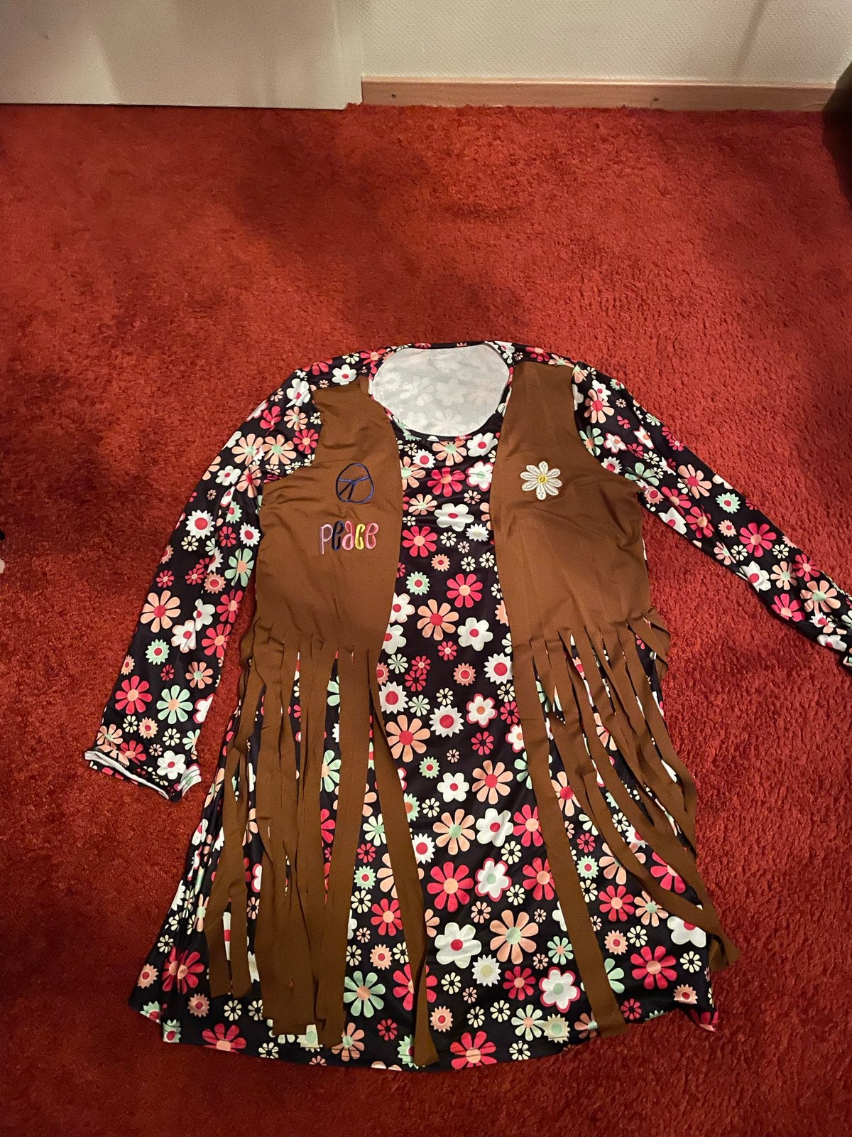 Flowerpower Jurk met Franjes - Hippie Kostuum, Ophalen of Verzenden, Zo goed als nieuw, Maat 46/48 (XL) of groter