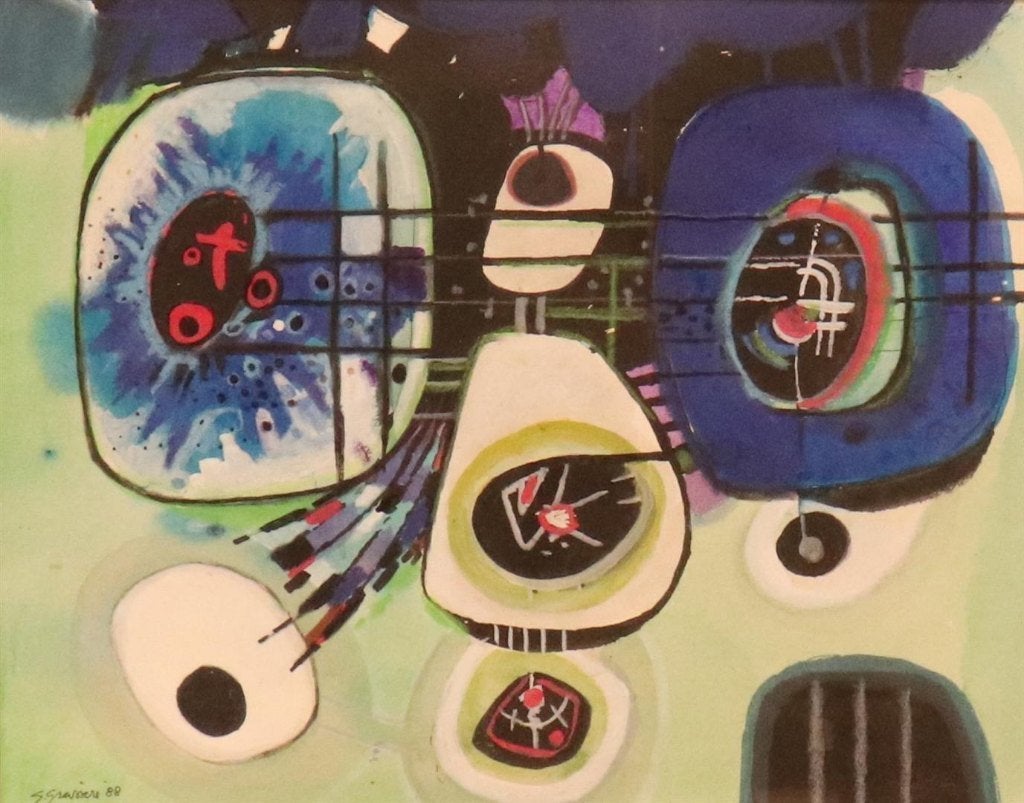 Gérard Grassère(1915 )Olieverf "Abstracte Compositi "Ges Ged, Abstract, Gesigneerd, Hout, Ophalen of Verzenden