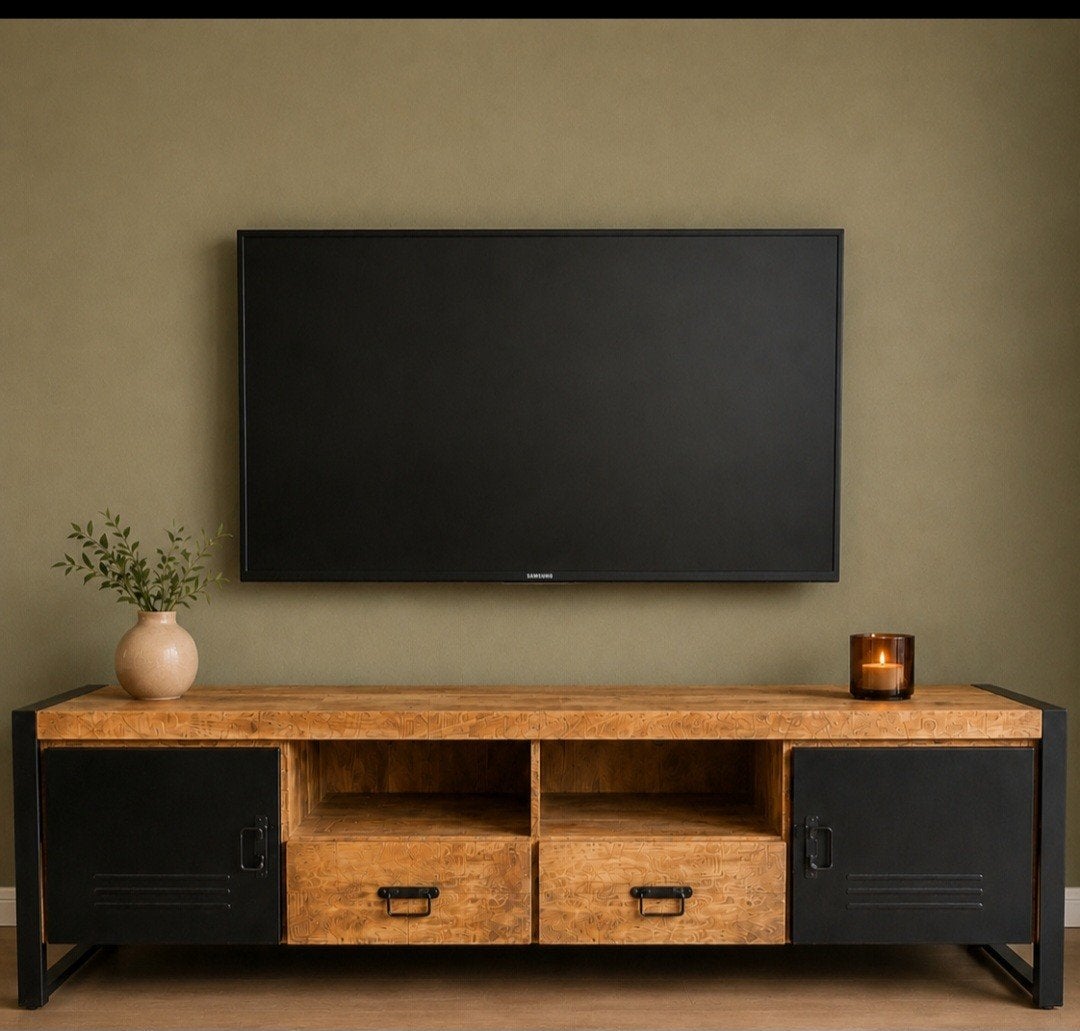 Industrieel TV-meubel van mangohout en metaal, 100 tot 150 cm, Nieuw, Minder dan 100 cm, Industrieel