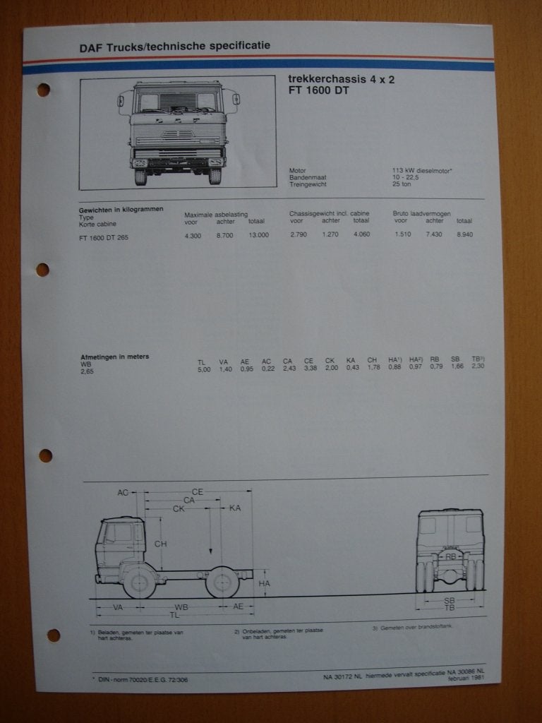 DAF FT 1600 DT Technische Specificatie Folder 1981 - 4x2, Ophalen of Verzenden, Zo goed als nieuw, Overige merken, DAF